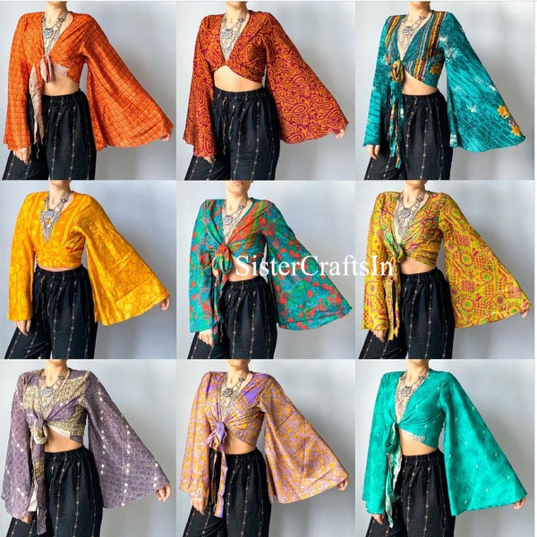 Express service of 25 Pcs Lot of silk bell sleeve wrap top, Bell Sleeve Cardigan Crop Top, Boho Top ,Festival Retro 60s 70s Clothing