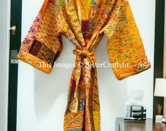 Vintage Silk Sari kantha Kimono Robe Lover riciclato vestaglie Donna Patchwork Giacca Kimono Robe regalo per lei