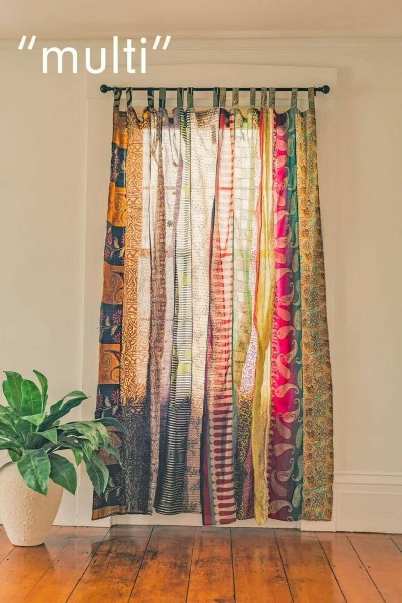 KOSTENLOSER VERSAND Indische Vintage-Seiden-Sari-Stoffvorhänge, handgefertigter dekorativer Boho-Hippie-Vorhang, Raumdekoration, Patchwork-Vorhang, Fensterdekoration Bild 8