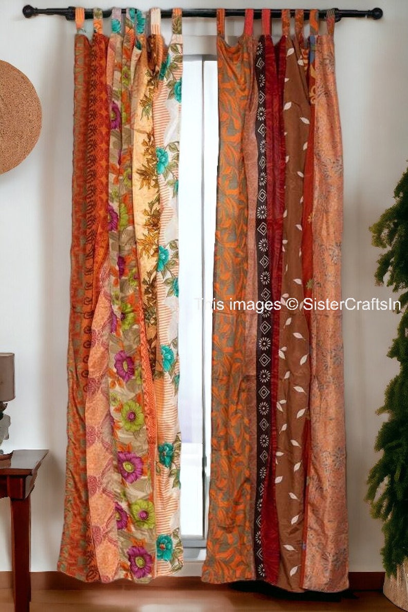 LIVRAISON GRATUITE Rideaux indiens vintage en tissu de soie sari, rideau décoratif bohème hippie fait main, rideau en patchwork de décoration de chambre, décoration de fenêtre Marron