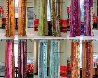 FREE SHIPPING - Indian Vintage Silk Sari Fabric Curtains Handmade Decorative Boho Hippie Curtain, Room Decor Patchwork Curtain, Window Decor