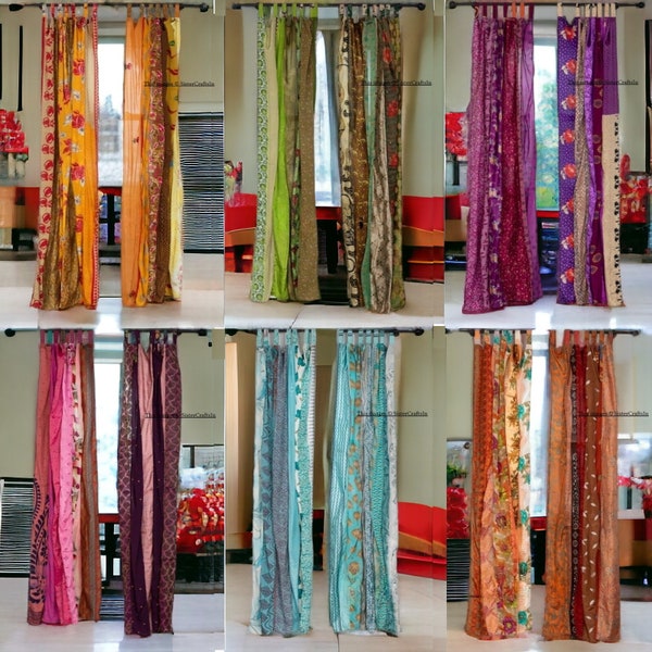 ENVÍO GRATIS - Cortinas de tela Sari de seda vintage indias hechas a mano decorativas Boho Hippie Cortina, Cortina de patchwork de decoración de la habitación, Decoración de ventanas