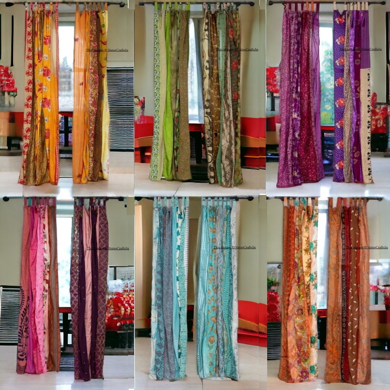LIVRAISON GRATUITE Rideaux indiens vintage en tissu de soie sari, rideau décoratif bohème hippie fait main, rideau en patchwork de décoration de chambre, décoration de fenêtre image 2