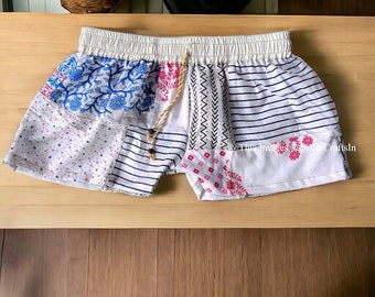 All Color Unisex Handgemachte Patchwork Shorts / Baumwoll Rayon Shorts / Elastische Taille Patchwork Necker / Viskose Sommer Shorts / Bequeme Shorts
