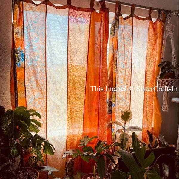 FREE SHIPPING - Indian Vintage Silk Sari Fabric Curtains Handmade Decorative Boho Hippie Curtain, Room Decor Patchwork Curtain, Window Decor