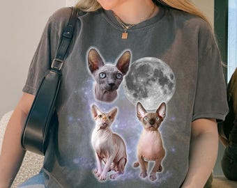 Three Sphynx Cats Moon Shirt, Oversized Meme Tee, Hairless Cat Vintage Tshirt, Funny Cat Lover Gift, Graphic Comfort Colors® Tshirt