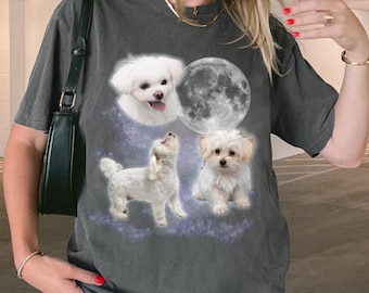 Three Maltese Dogs Moon Sweatshirt & Tshirt, Oversized Meme Shirt, Vintage Funny Dog Sweater, Maltese Lover Gift