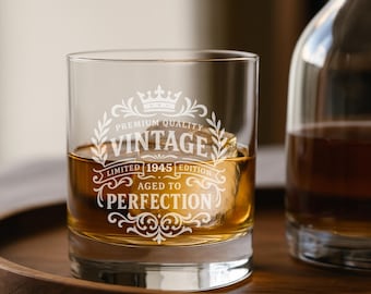 Personalized 80th Birthday Whiskey Glass: Engraved Vintage 1945 Design