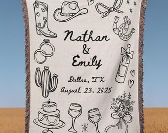 Personalized Western Wedding Blanket: Woven Cotton Throw with Cowboy Boots