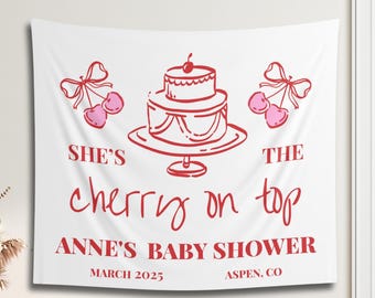 Cherry On Top Baby Shower Banner: Pink Coquette Bow, Personalized Party Decor