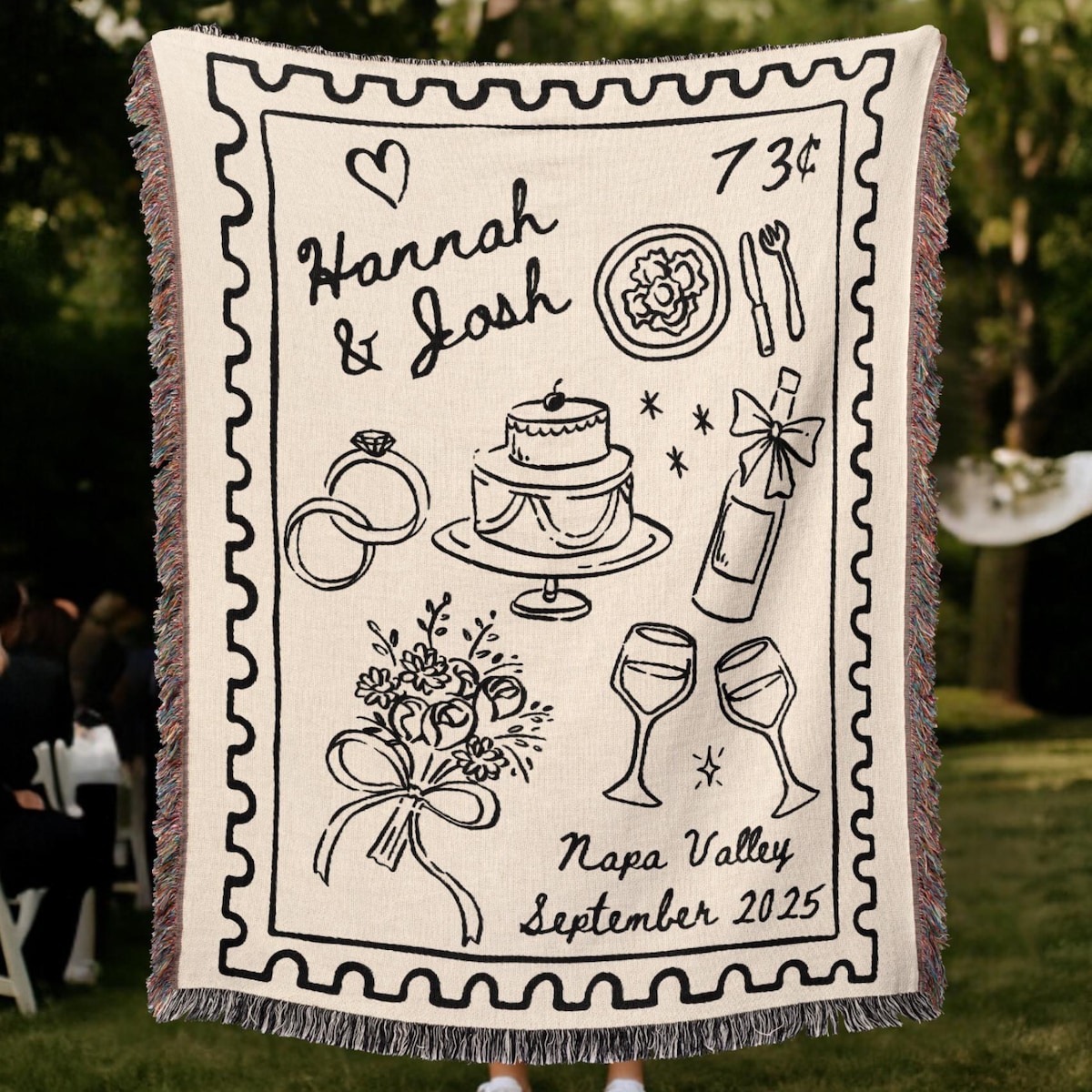 Custom Napa Valley Wedding Blanket, Personalized Woven Throw, Hand Drawn Wedding Stamp Gift, Whimsical Couple Keepsake, Wedding Souvenir - Etsy