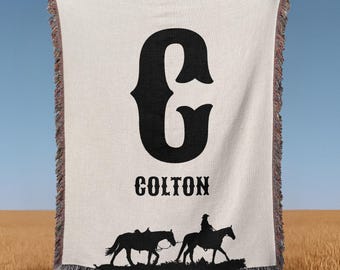 Cowboy Woven Blanket, Personalized Western Throw, Rustic Gift for Husband or Son