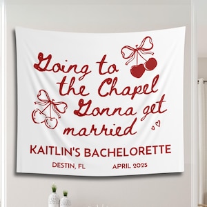 Personalized Bachelorette Tapestry Banner: Cherry Bow Coquette Bridal Shower Decor