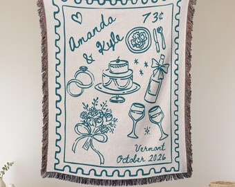 Custom Woven Wedding Blanket: Personalized Names & Date, Hand-Drawn Design