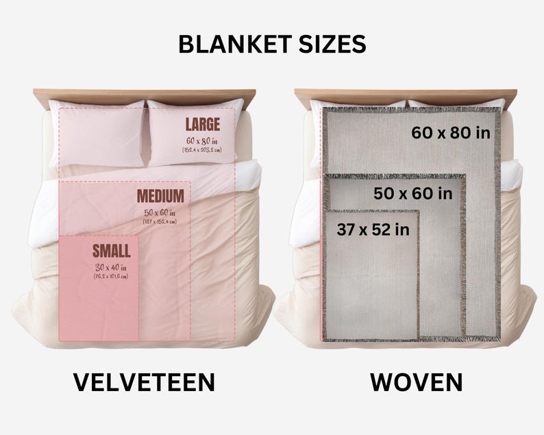 May include: Diagram showing blanket sizes for Velveteen and Woven blankets. Velveteen blankets are shown in small (30 x 40 in), medium (50 x 60 in), and large (60 x 80 in) sizes. Woven blankets are shown in 37 x 52 in, 50 x 60 in, and 60 x 80 in sizes.