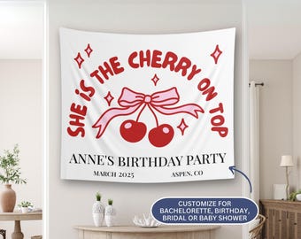 Cherry On Top Birthday Party Banner: Pink Coquette Bow Decor