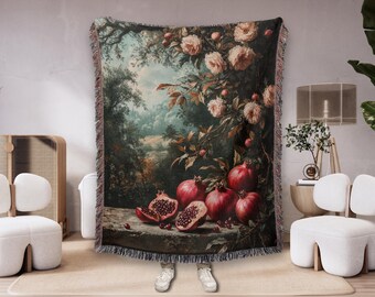 Pomegranate Still Life Woven Blanket: Vintage-Style Cotton Throw