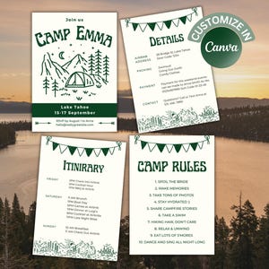 Sjabloon vrijgezellenreis kamp: bewerkbaar glamping-thema (digitale download)