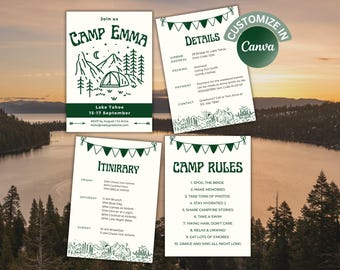 Modello di itinerario per addio al nubilato in campeggio: tema glamping modificabile (download digitale)