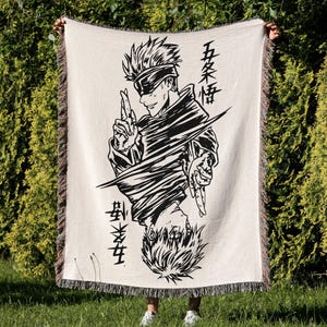 Anime Hand Woven Blanket, Anime Rug Blanket, Gojo Gift For Him, Satoru Blanket, Jjk Merch, Manga Tapestry, Vintage Japanese Anime,Anime Gift