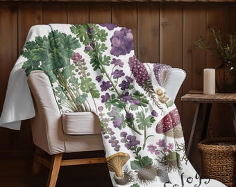 Herbology Velveteen Blanket: Botanical Plant & Mushroom Throw