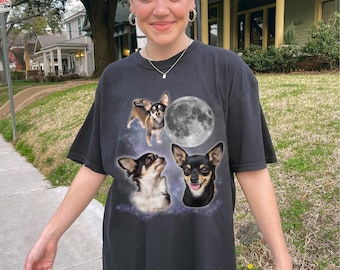 Tri-Color Chihuahua Dogs Moon TShirt, Oversized Meme Graphic Comfort Colors® T-Shirt, Chihuahua Vintage Dog Shirt, Funny Dog Lover Gift