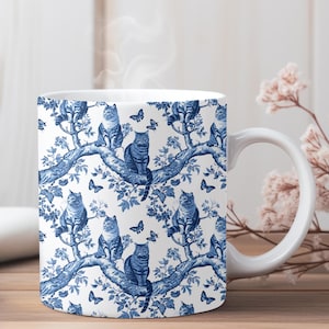Kattenmok met blauwe bloemen, chinoiseriekunst katten, blauwe chinoiserie-koffiekop voor kattenliefhebber, katten Toile de Jouy-mok, blauwwitte kattenmok, cottagecore