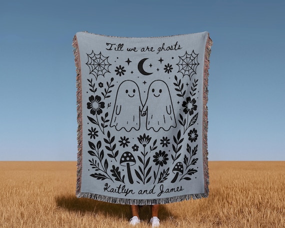 Custom Woven Ghost Couple Blanket – Black Friday Gift, Spooky Wedding, Engagement, Elopement, Anniversary Gift, “Till We Are Ghosts”