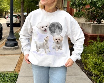 Three Maltese Dogs Moon Sweatshirt & Tshirt, Oversized Meme Shirt, Vintage Funny Dog Sweater, Maltese Lover Gift