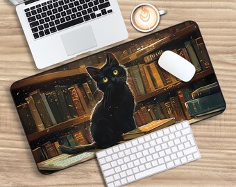 Black Cat Desk Mat: Vintage Bookshelf, Large Mouse Pad