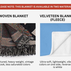May include: Image shows two blanket options. One is a woven blanket with a textured, vintage look and less saturated colors. The other is a velveeteen fleece blanket with vibrant colors on one side and a white reverse side.