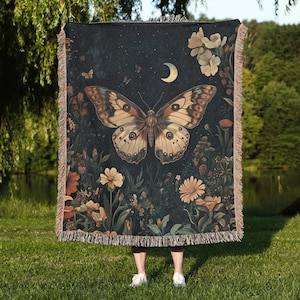 Butterfly tapestry wall hanging, Lunar moth blanket, Dark Floral decor, Mystical Moth Tapestry, Luna Moth Woven Blanket, butterfly blanket