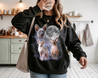 Three Sphynx Cats Moon Sweatshirt & Tshirt, Funny Vintage Cat Sweater, Oversized Graphic Meme Crewneck, Hairless Cat Lover Gift for her