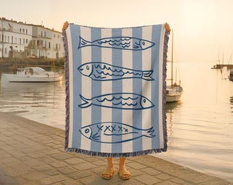 Woven Sardine Art Blanket: Minimalist Nautical Coastal Decor
