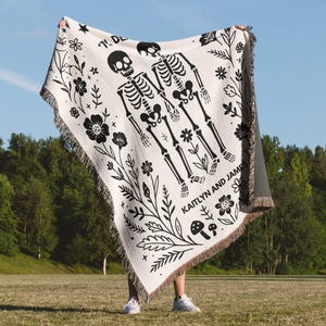 Personalized Skeleton Woven Blanket For Couples, Gothic Wedding Gift, Halloween Anniversary, Custom Goth Spooky Halloween Gifts, Till Death