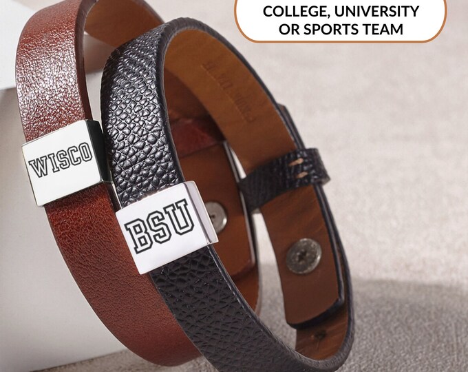 Varsity Letter College Mens Leather Bracelet, High School Sports Team Bracelet for him, Men University Bracelet, Graduation gift for son