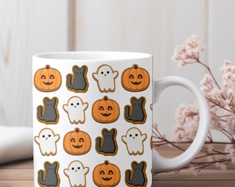Halloween Cookies Mug: Spooky Pumpkin Ghost Cat Print Coffee Cup