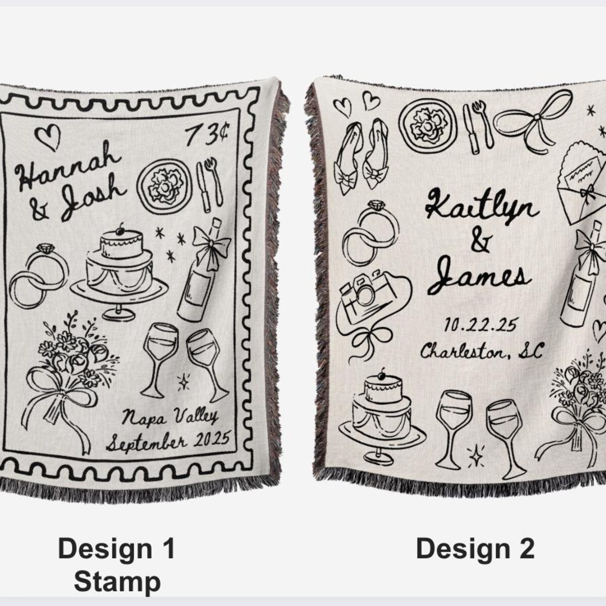 Custom Napa Valley Wedding Blanket, Personalized Woven Throw, Hand Drawn Wedding Stamp Gift, Whimsical Couple Keepsake, Wedding Souvenir - Etsy