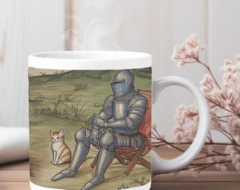 Funny Medieval Cat Coffee Mug: Knight and Kitten Art