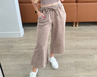 Acid Wash Wide Leg Sweatpants in Mocha