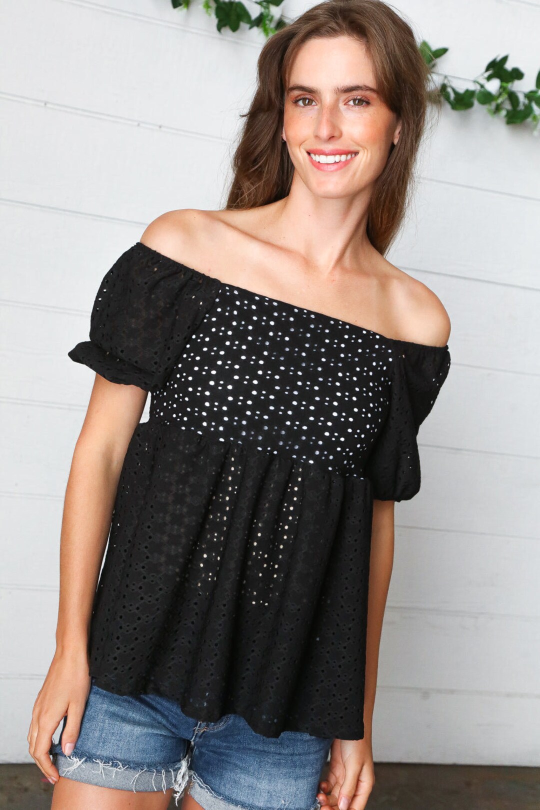 Confetti Detailed Long Puff Sleeve Babydoll Top With Button Front And Raw Hem main image 0