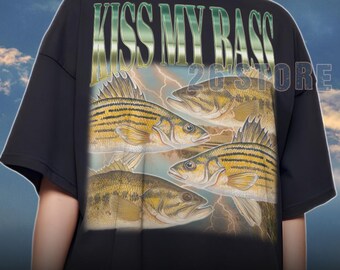 Retro Fishing Shirt, Kiss My Bass Shirt, Funny Angler Gift for Men Dad Grandpa, Bass Fishing T-shirt, Outdoorsman Humor Top, Fisherman Gift