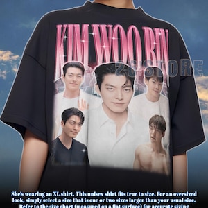 May include: Black unisex t-shirt featuring a collage of images of Kim Woo Bin with the text "KIM WOO BIN" in pink. The shirt has short sleeves and a crew neck. The shirt is an XL size.