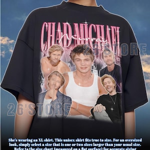 May include: Black unisex t-shirt featuring a collage of images of Chad Michael Murray with the text "CHAD MICHAEL MURRAY" in pink. The shirt has a crew neck and short sleeves. The text "26'STORE" is also visible.