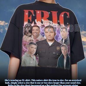 May include: Black unisex t-shirt featuring a collage of images and the name "ERIC" in red, stylized text. The shirt includes images of a man, a dog, and the text "Winter 20 Store". The shirt is an XL size.