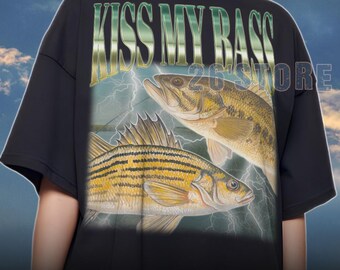Retro Fishing Shirt, Kiss My Bass Shirt, Funny Angler Gift for Men Dad Grandpa, Bass Fishing T-shirt, Outdoorsman Humor Top, Fisherman Gift