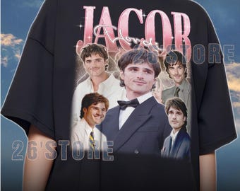 May include: A black short-sleeve t-shirt featuring a large graphic print of the actor Jacob Elordi. The design includes the name JACOB in large pink letters at the top and multiple photographic portraits of the actor in various outfits.