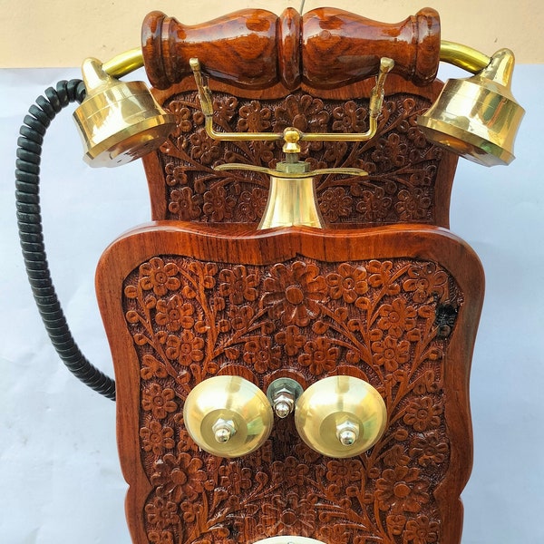 Vintage Nautical Elegance: Working Wooden Wall Telephone with Rotary Dial - A Timeless Decor Piece