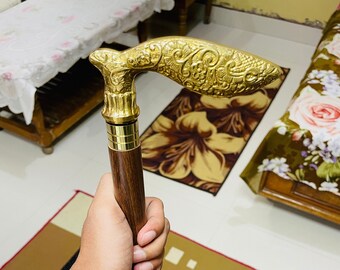 Elegant Brass Flower Handle Wooden Walking Stick: Antique Design
