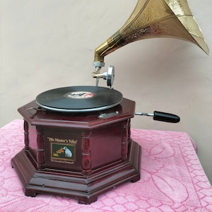 Vintage Charm Embodied: Handmade Embroidered HMV Gramophone Record Player Phonograph